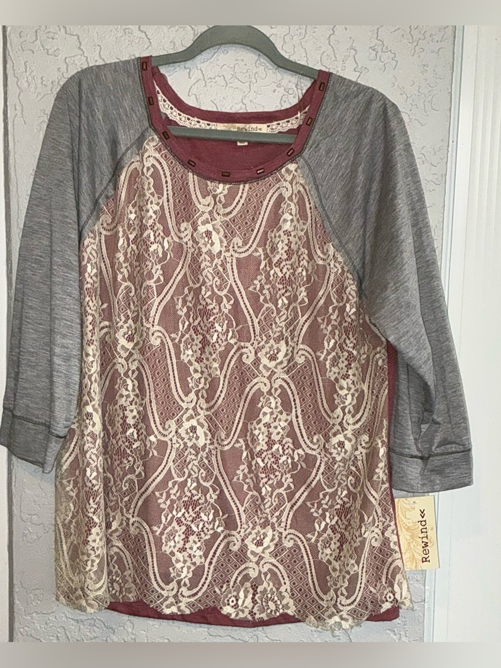 Rewind Mauve Lace Front Raglan Tunic with Gray Sleeves